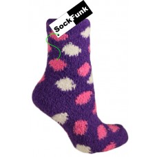 Fluffy Bed Socks Purple with Pink and White dots